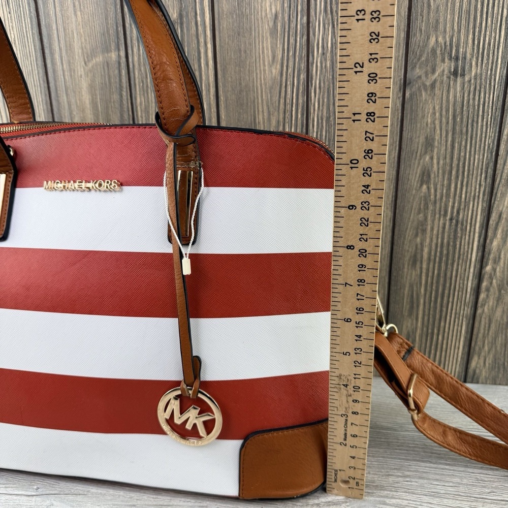 Michael Kors Red White Striped Satchel Crossbody Bag Gold Tone Charm Purse - Picture 13 of 16